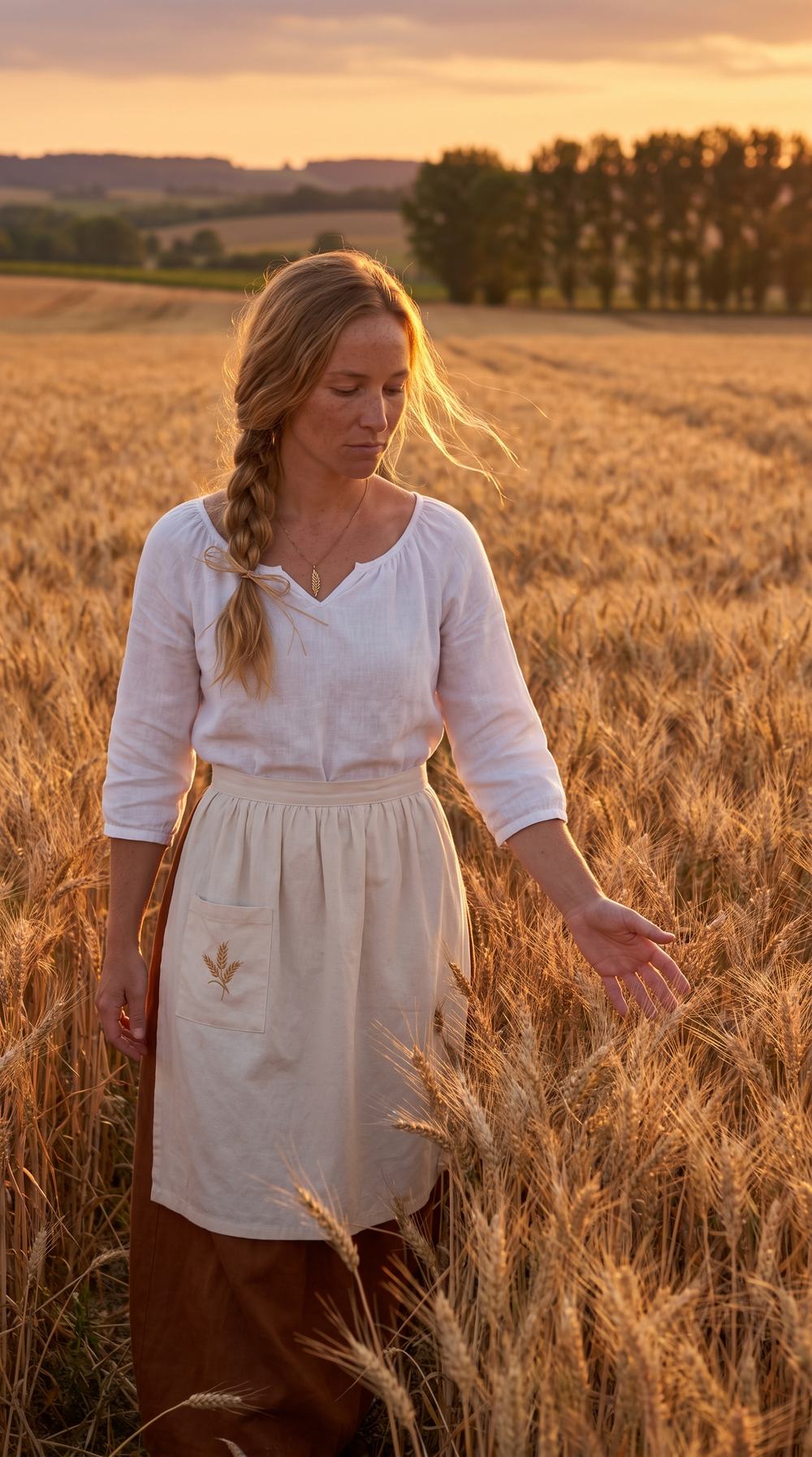 Adèle dans un champ de blé au coucher du soleil