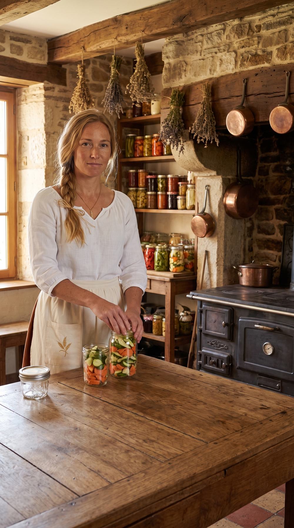 Adèle dans la cuisine de la ferme, des bocaux sur la table